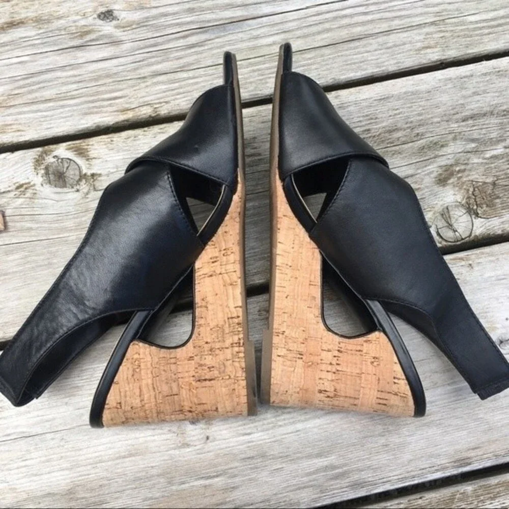 COM & SENS Leather Missy Wedge Sandal in Black 7.5